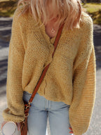 Women's Cardigan Camel Lantern Sleeve Scallop V Neck Buttoned Soft Acrylic Knit f9a5cda8f74f485287bf3db1d641c78d-Max-Origin Trendsi