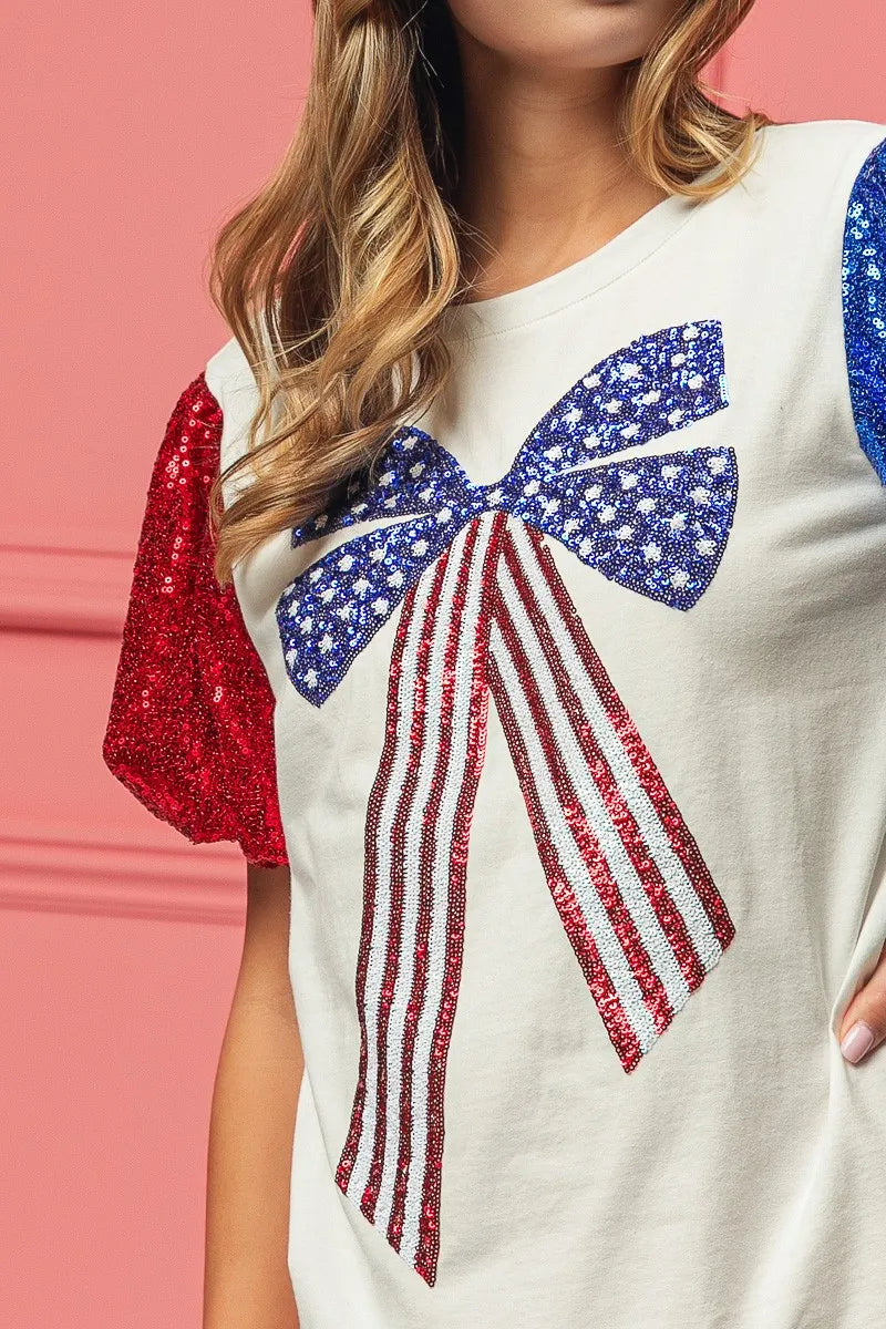 BiBi Cotton T-shirt Sequin American Flag Bow Top Short Puff Sleeve f9a5e35d1c4940d891daeb8f6cf9e1e7-Max-Origin Trendsi