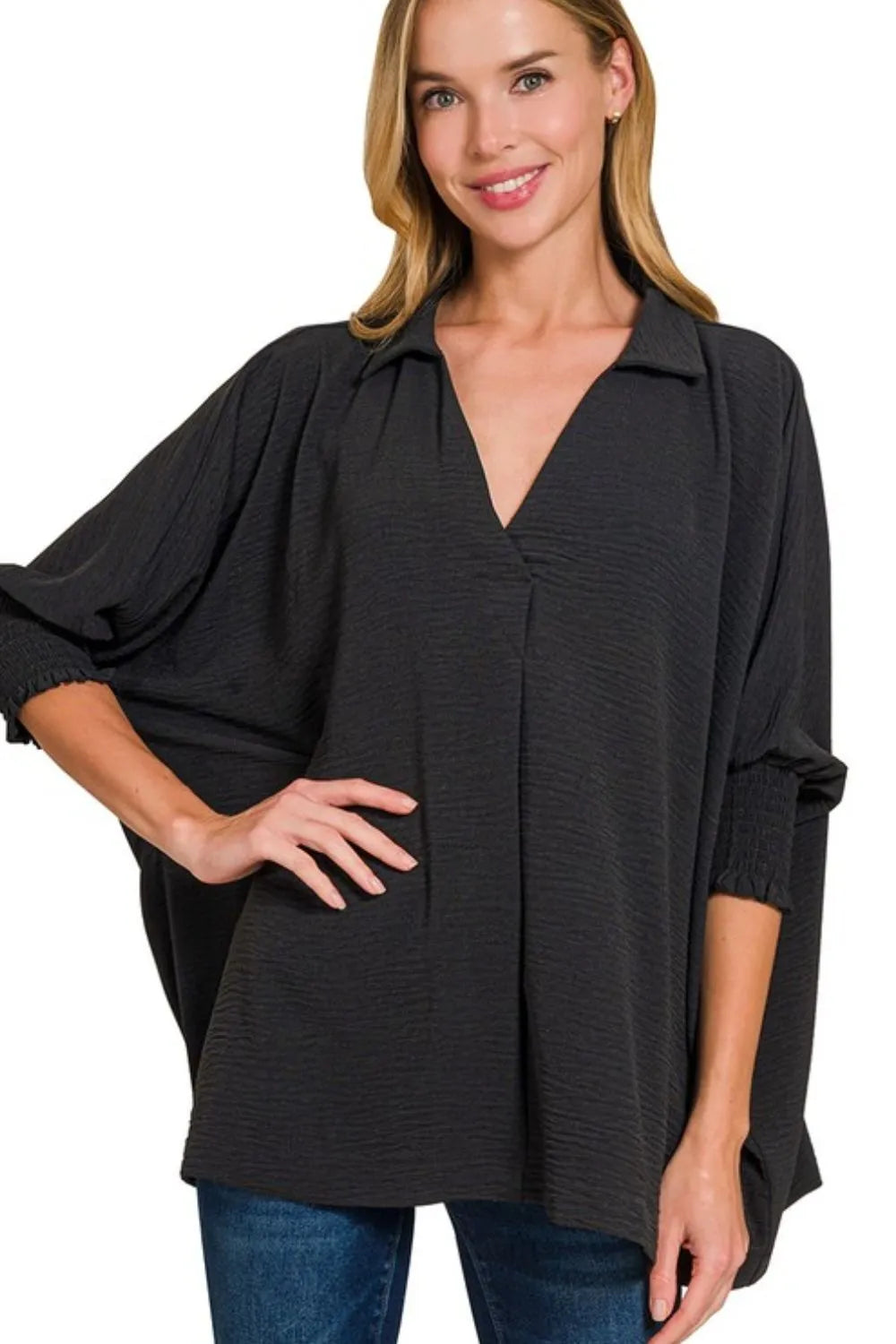 Zenana Airflow Collar Tee with Smocked Sleeve Band