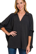 Zenana Top Collared Black Airflow with Smocked Sleeve Band Blouse BLACK f9ac358f-4aa8-4f45-88a2-8119e6515506-Max-Origin Trendsi