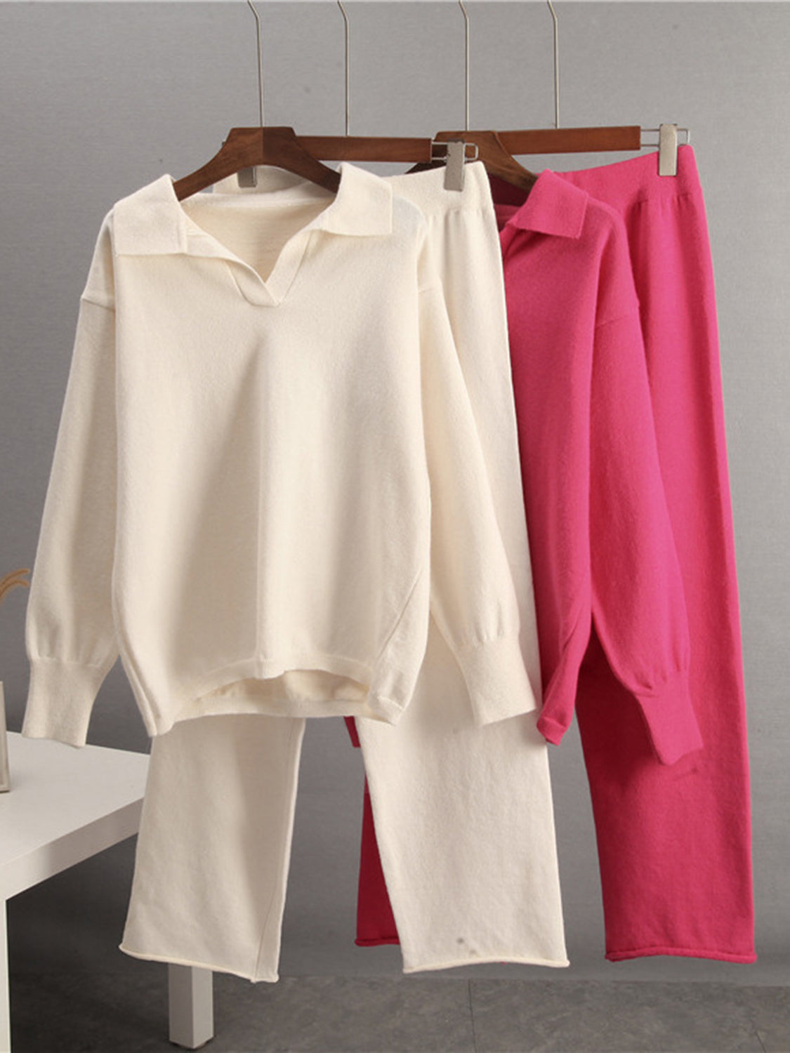 Women Sweater Set Johnny Collar Long Sleeve Knit Acrylic Top and Pants 2 Pcs