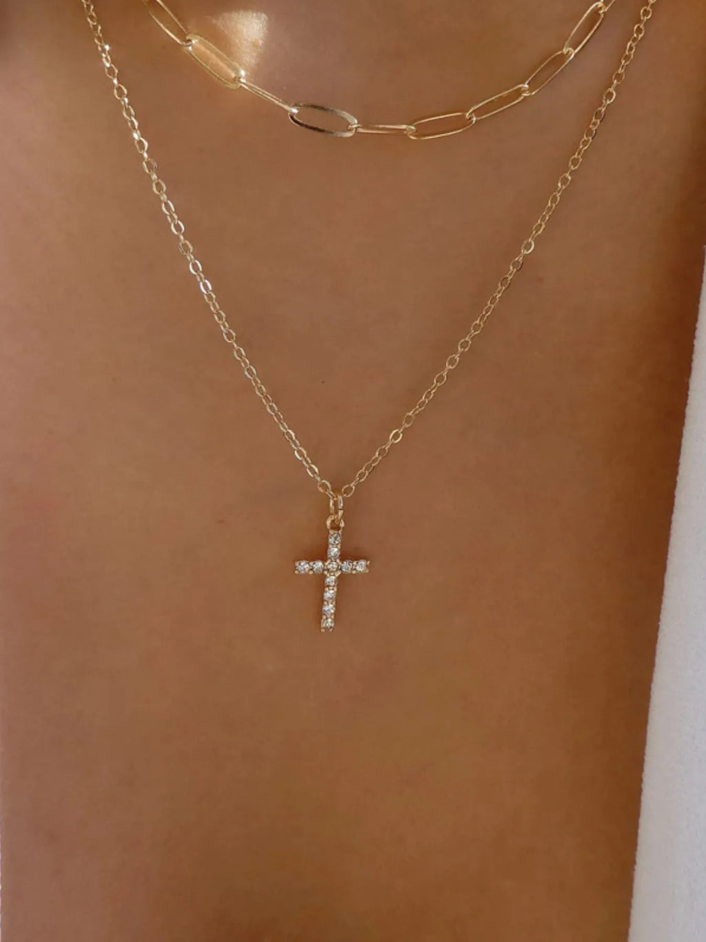 18K Gold-Plated Cross Pendant Necklace Double Layered Inlaid Zircon Gold One Size f9aff203-b757-4146-aab9-cdd82f1678fd-Max-Origin Trendsi