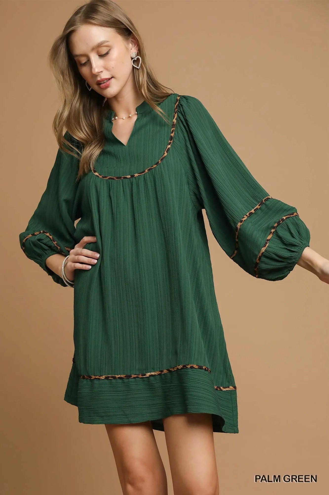 Umgee Babydoll Dress Green Textured Contrast with Leopard Trim Long Sleeve PALM GREEN f9ba82df-c140-4802-bc29-9ab48affda69-Max-Origin Trendsi