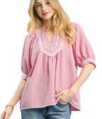 Umgee Textured Jacquard Top with Contrast Trim