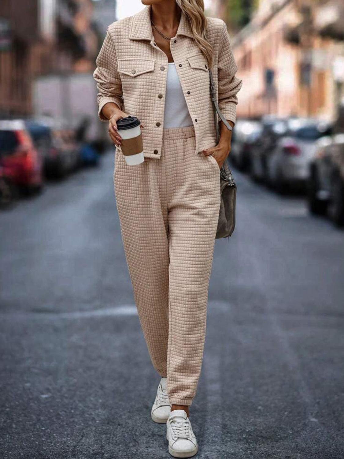 Outfit Set Plaid Texture Snap Down Top and Pants Set f9c8835c-34a2-4012-9eb1-12920aef5927-Max Trendsi