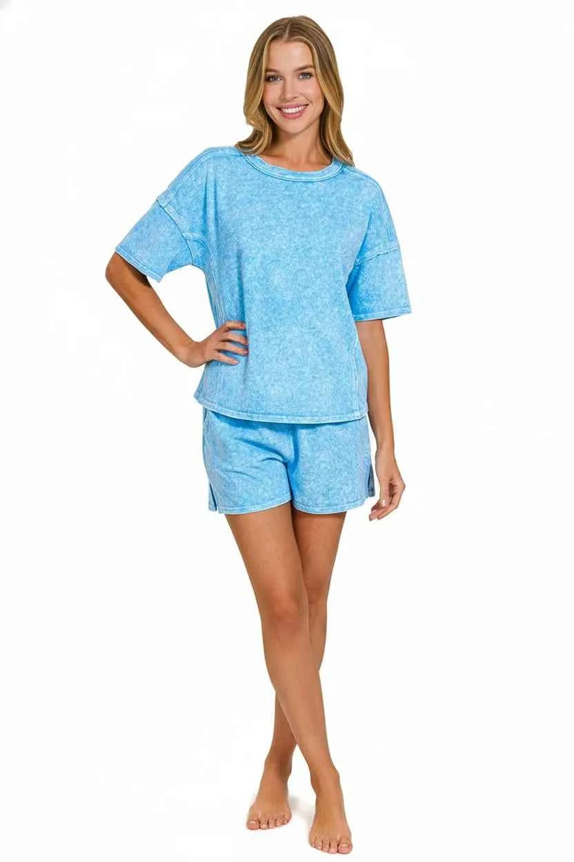 Zenana Outfit Set Sky Blue Halo Snow Washed Short Sleeve Top Tee and Shorts f9d94307-d589-43fc-9f2f-e8d9380e2a03-Max-Origin Trendsi