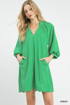 Umgee Textured Mini Dress with Side Pockets, V-Neckline, Balloon Sleeves, and Scalloped Hem