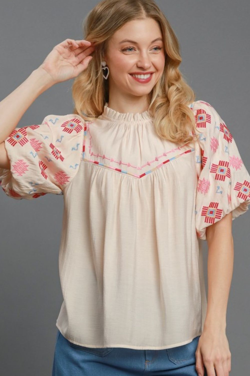 Umgee Blouse Cream Embroidered Puff Sleeve Mock Neck Top Cream f9f9ffde-ff3b-41d0-8bac-ec510286d0f5-Max Trendsi