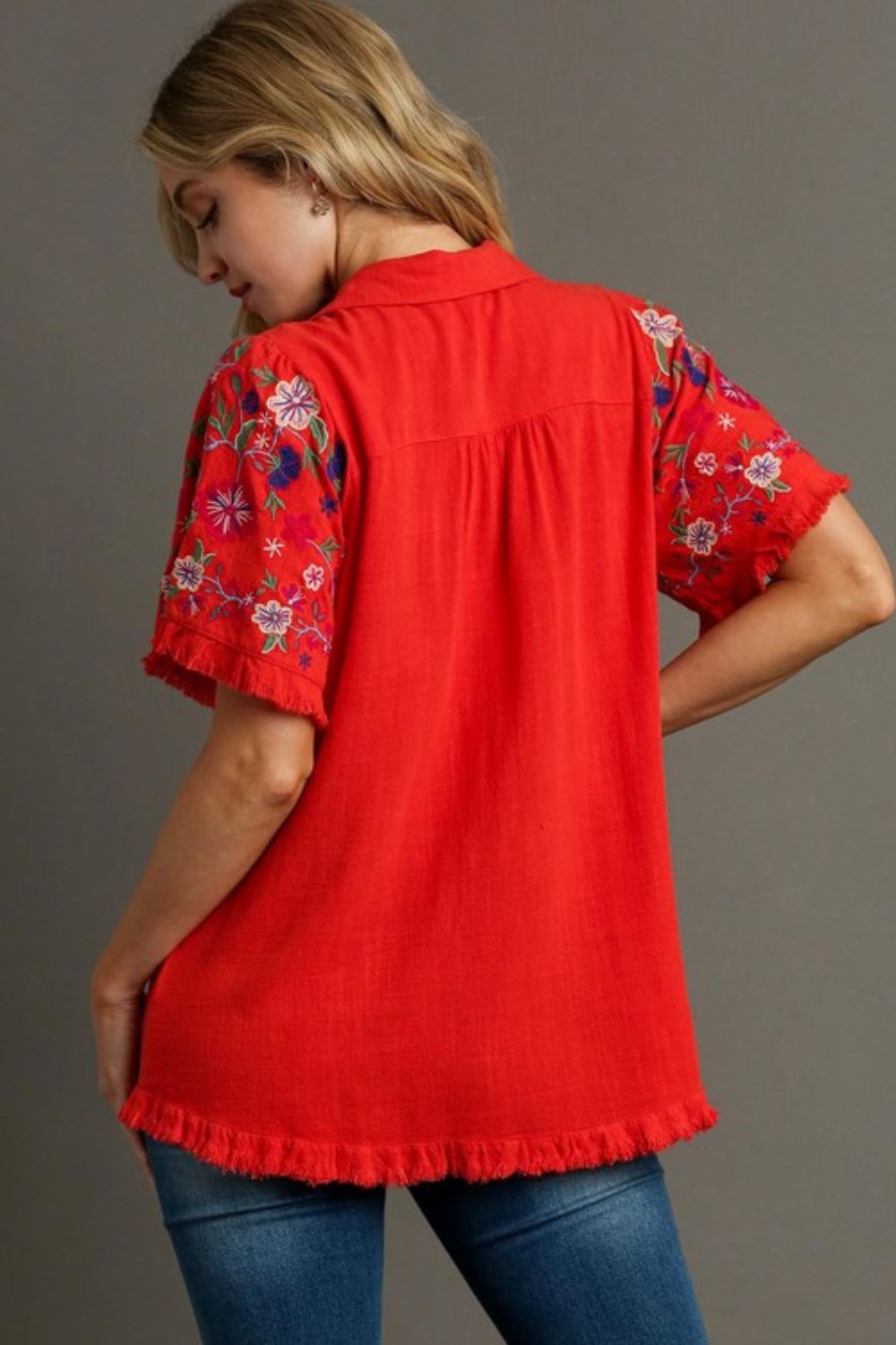 Umgee Shirt Linen Red with Embroidered Short Sleeves Raw Hem Top fa08799c-023e-45a8-ad7a-04eb22037f21-Max Trendsi