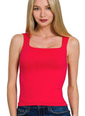 Zenana Seamless Tank Top Ruby Red Double Layered Square Neck Stretch