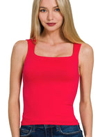 Zenana Seamless Tank Top Ruby Red Double Layered Square Neck Stretch