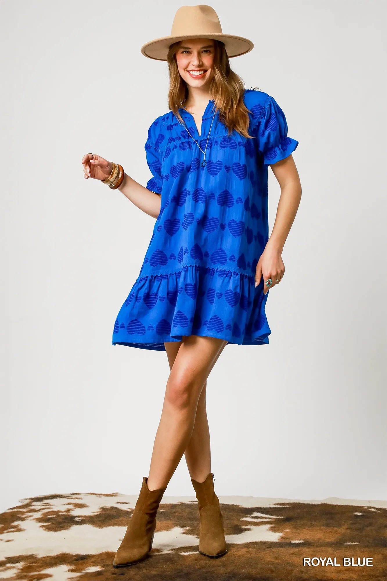 Umgee Babydoll Dress Royal Blue Heart Pattern Short Sleeve Ruffle fa0e344e-8956-454e-83d8-deb420de77e3-Max-Origin Trendsi