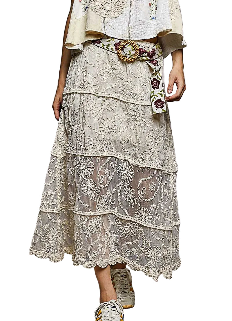 POL Floral Embroidered Tiered Crochet Skirt