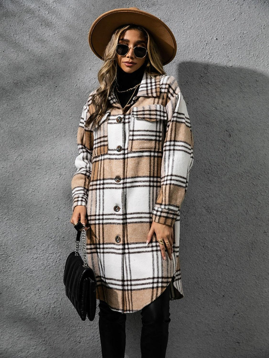 Plaid Coat Collared Neck Long Sleeve Pocketed Outwear fa23182b-eb22-467b-9621-8f6bd0098198-Max Trendsi