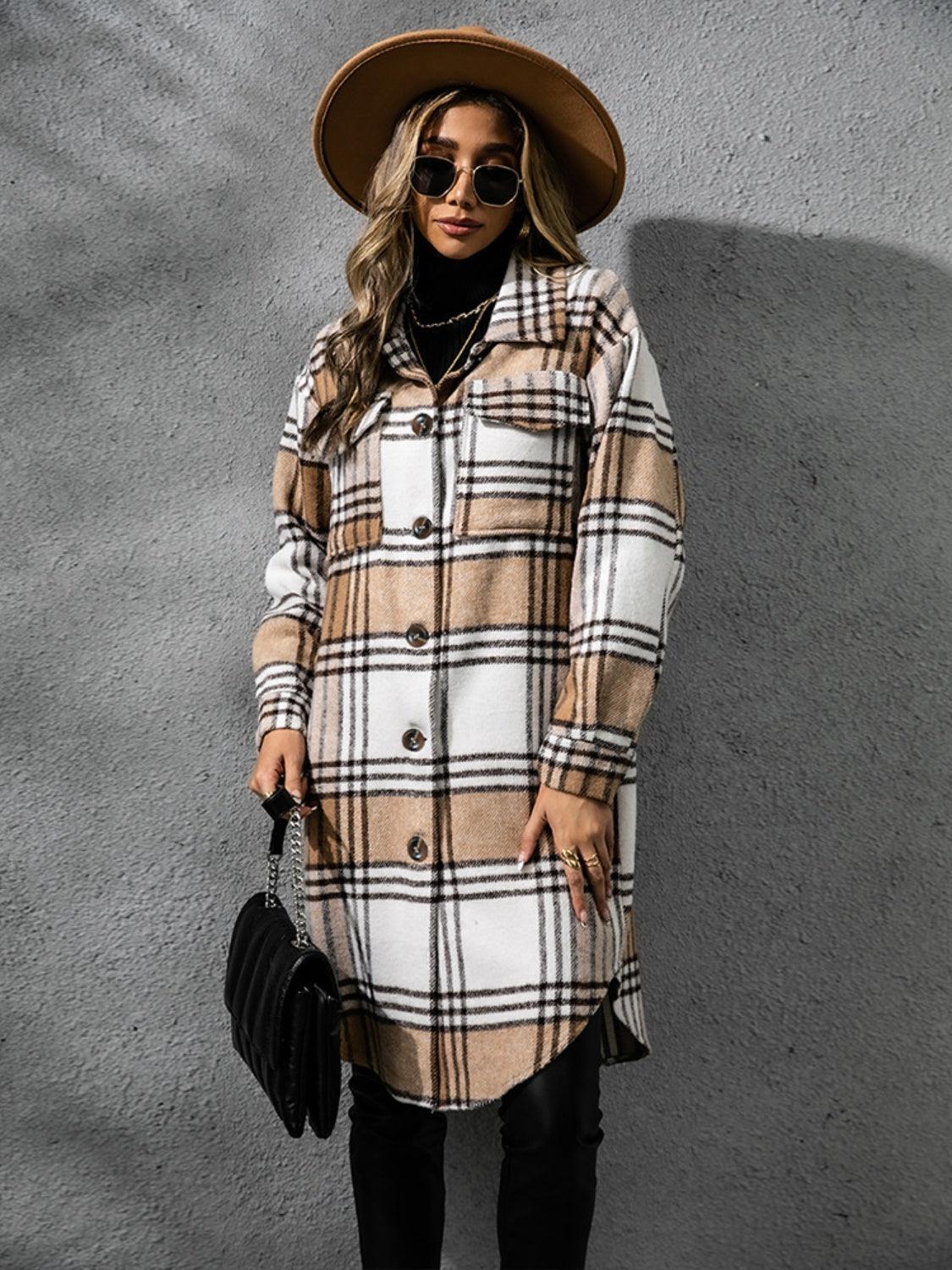 Plaid Coat Collared Neck Long Sleeve Pocketed Outwear fa23182b-eb22-467b-9621-8f6bd0098198-Max Trendsi