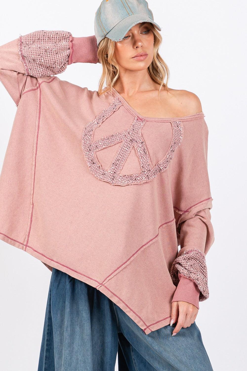 SAGE + FIG Top USA Stock Peace Sign Mineral Wash Terry Oversized Mauve fa266fed-49ff-40b0-b923-92391574721e-Max Trendsi