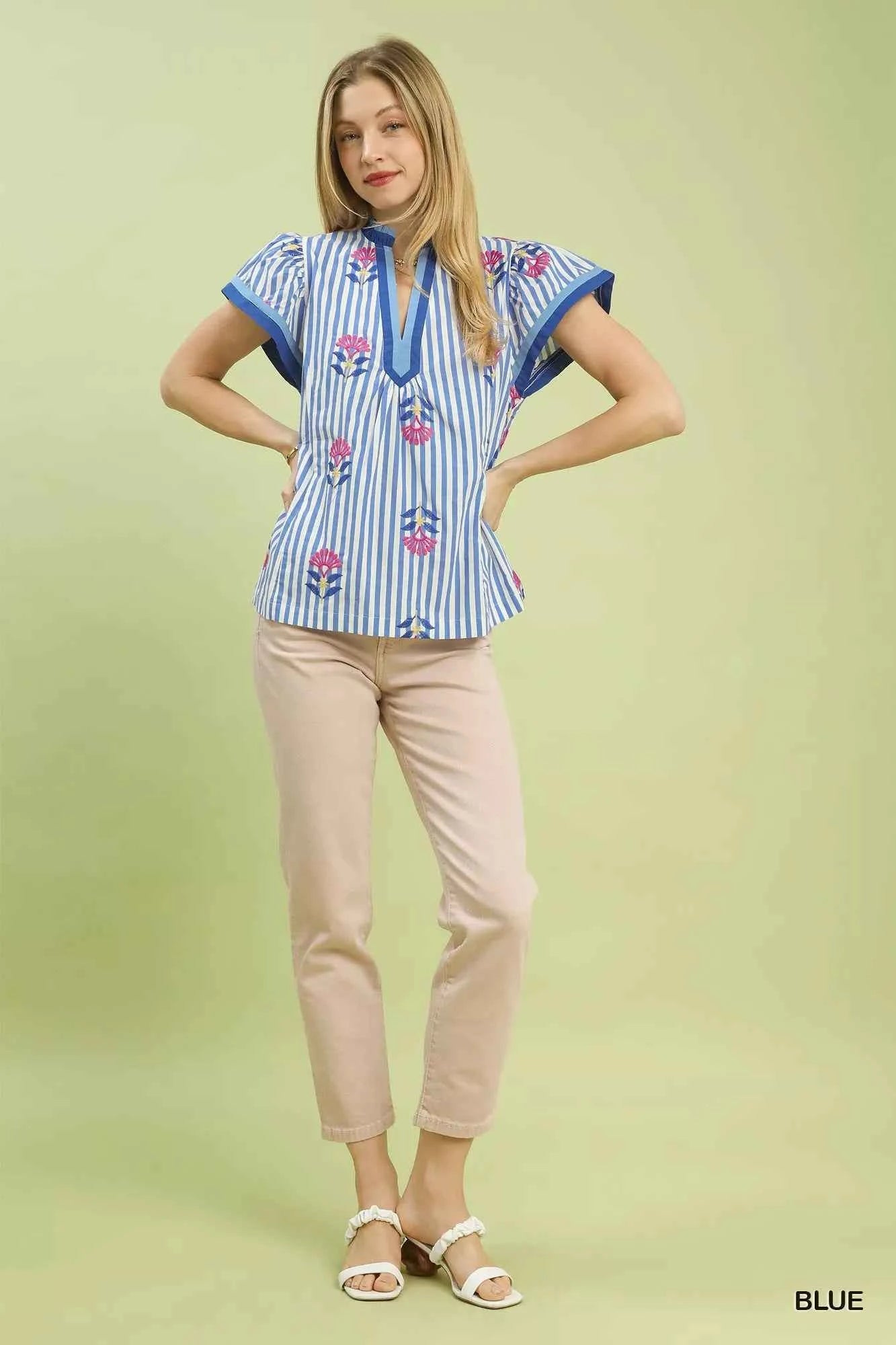 Umgee Blouse Blue Striped Floral Embroidered Flutter Short Sleeve Top fa2c2463-7f2e-4f30-bdb4-968c08c1cd2b-Max-Origin Trendsi