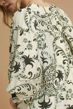 Umgee Mini Dress Boho Olive Printed Balloon 3/4 Sleeve fa33d6fd-99b1-44ed-bfd6-1325a4375abd-Max-Origin Trendsi
