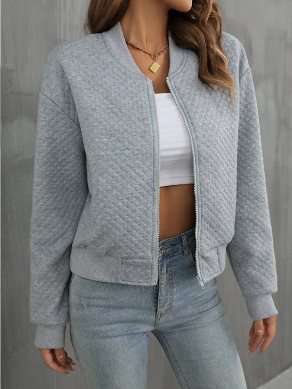 Textured Jacket Zip Up Long Sleeve Short Outwear fa379cbe-868e-4ff7-a6a0-70cc7c4a3077-Max_c1ebe546-6bd9-4969-83c8-147ec696e491 Trendsi