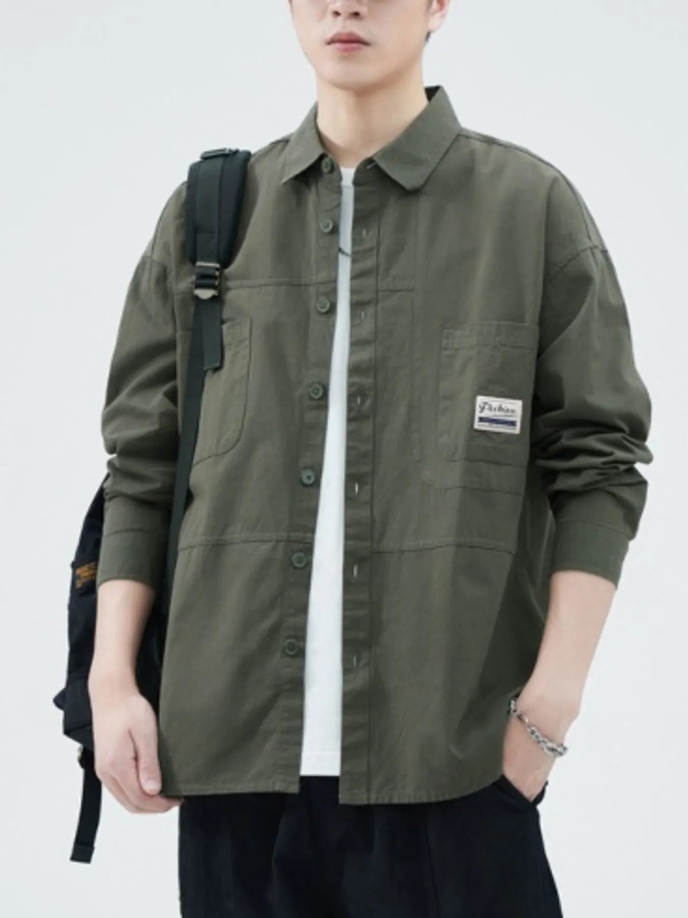 Men's Button Up Shirt Long Sleeve Casual Top with Front Pockets Military Green fa4ea41e72744b7dae5e74c1b09ed928-Max-Origin Trendsi