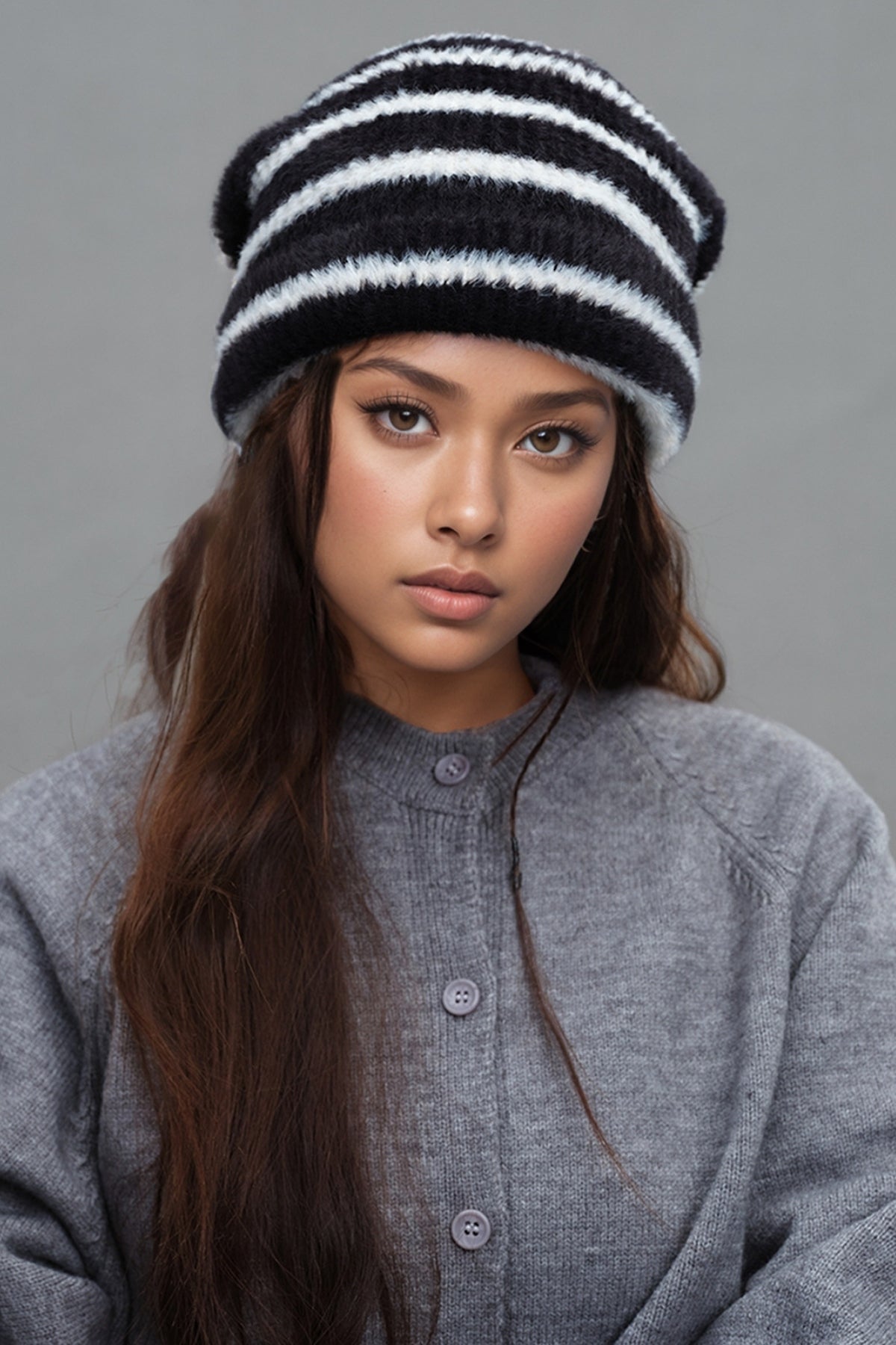 Fuzzy Hat Women Thermal Contrast Striped Soft Warm Beanies