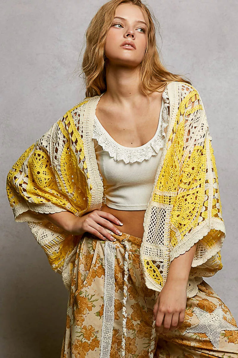 POL Crochet Cardigan Yellow Multi Open Front with Scalloped Edge fa6295a5-c911-4899-a3a3-4c26ae5e189b-Max-Origin Trendsi