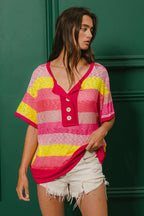 BiBi Multi Color Stripe Top Hacci Button Detail Ringer Short Sleeve T-shirt fa660930638a4ab78049a2bcbc463ea5-Max-Origin Trendsi