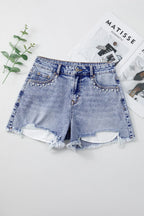 Denim Shorts Pearl Studded Pockets Raw Hem Light Blue fa673b14-4da8-4df4-94ff-7853034612ef-Max-Origin Trendsi