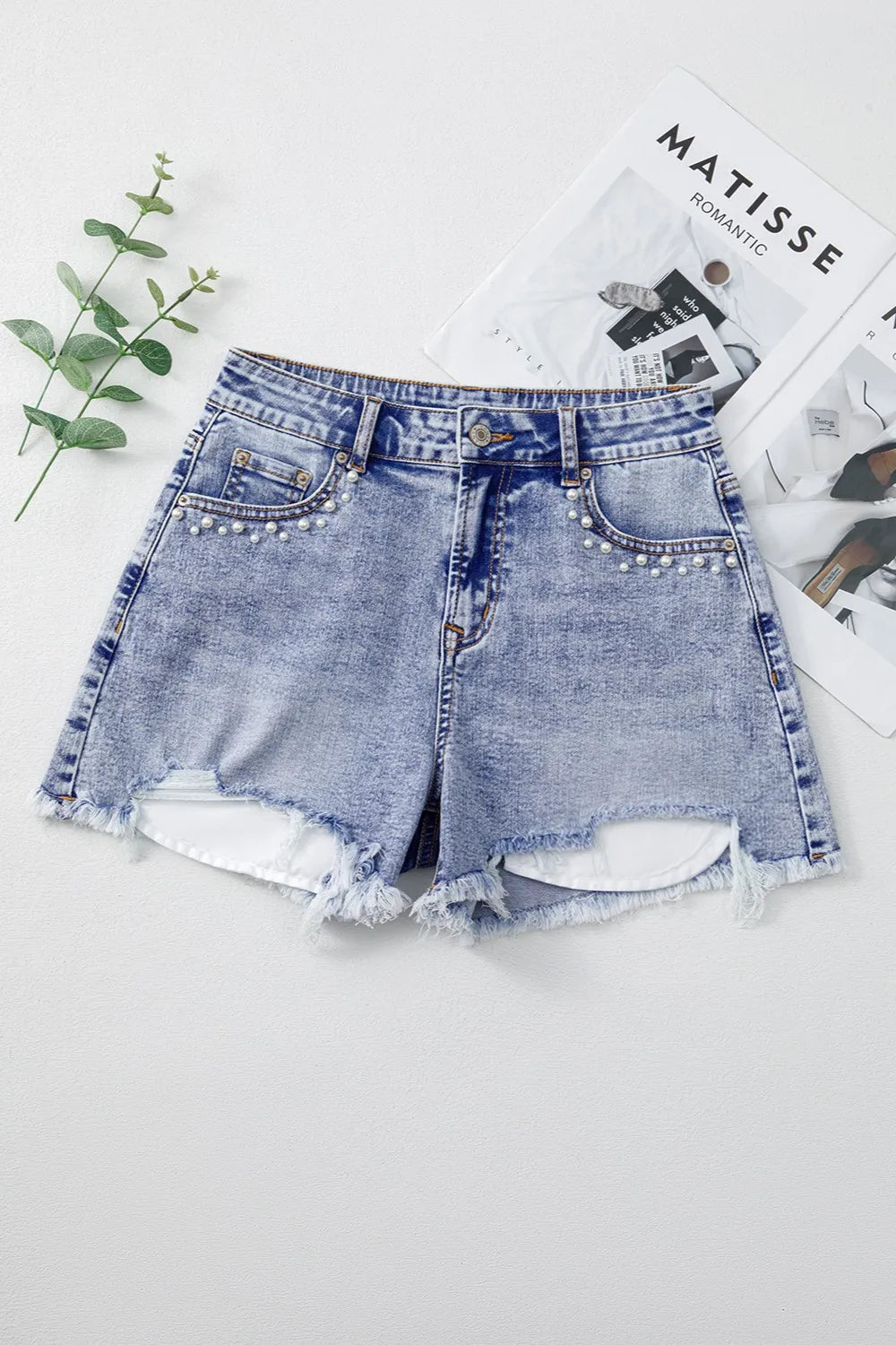 Denim Shorts Pearl Studded Pockets Raw Hem Light Blue fa673b14-4da8-4df4-94ff-7853034612ef-Max-Origin Trendsi