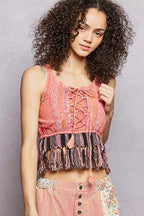 POL Lace-Up Tank Top with Fringe Hem and Lace Detail