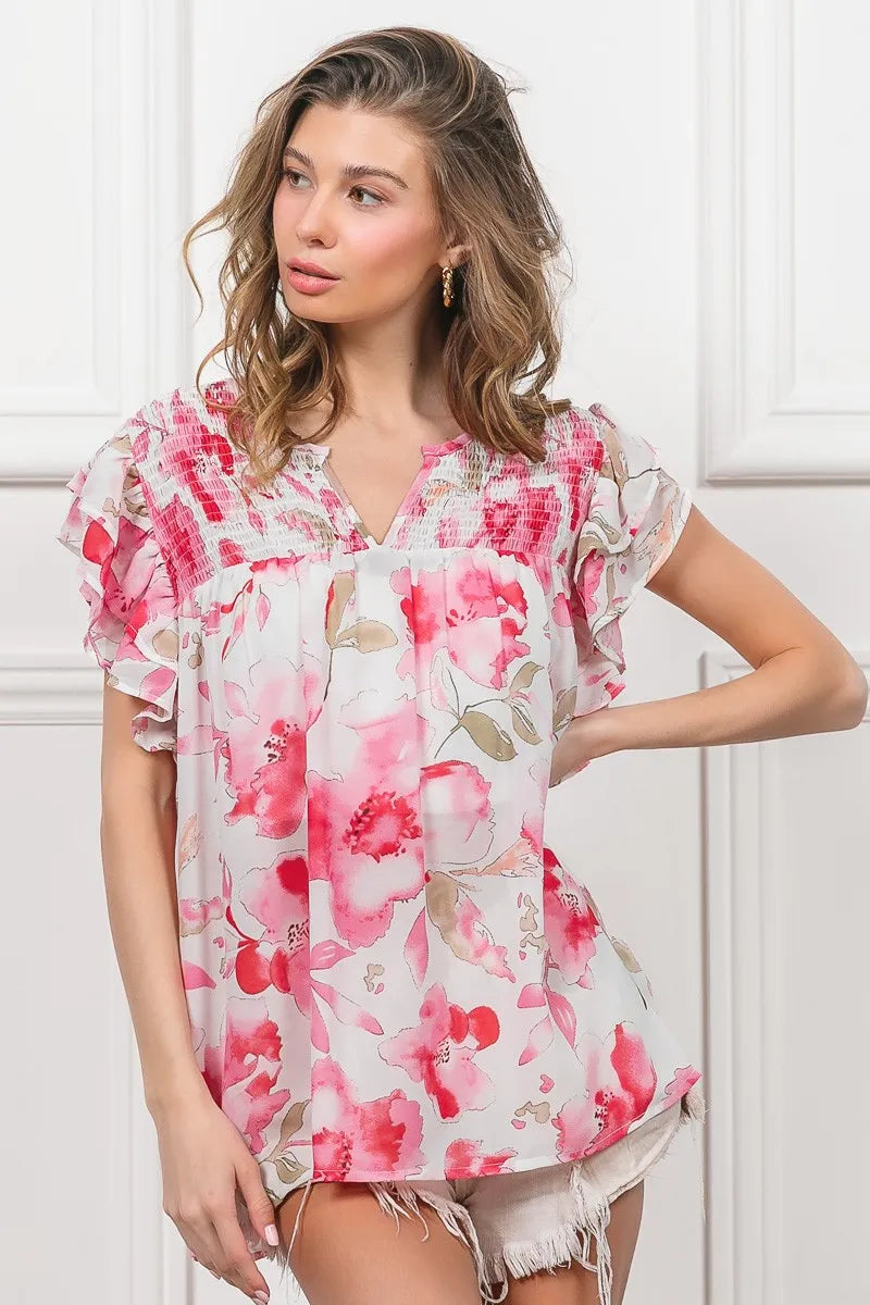 BiBi Blouse Ruffled Floral Print Flutter Sheer Top Short Sleeve fa7212cab0db47cfb40dc40633a59dbd-Max-Origin Trendsi