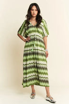 Davi & Dani Midi Dress Sage Green Multi Color Wavy Tie Waist Flowy Sleeve Sage Multi fa7f8fa6a03c43419d9908a2d94d805f-Max-Origin Trendsi