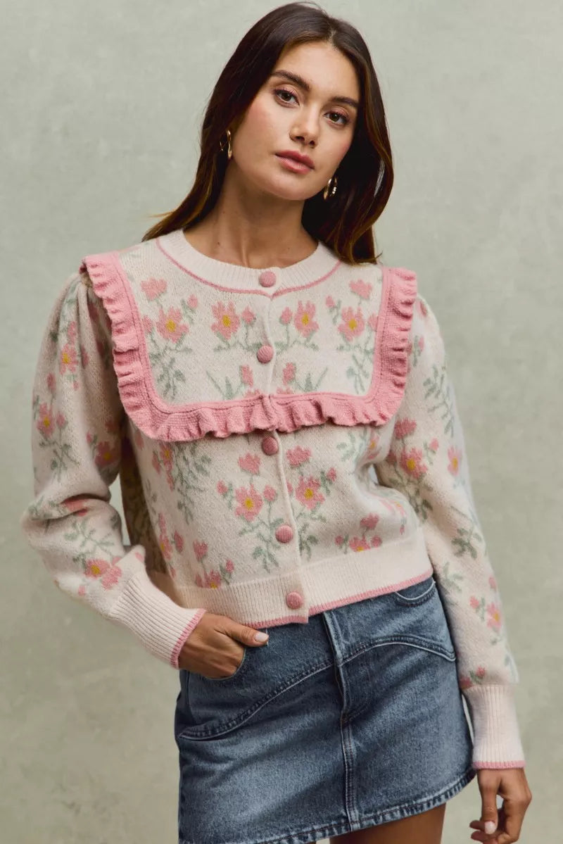 SO ME Womens Sweater Cardigan Beige Pink Flower With Ruffle Detailing fa834ef35ebd4eef82c4a35c6c232238-Max-Origin Trendsi