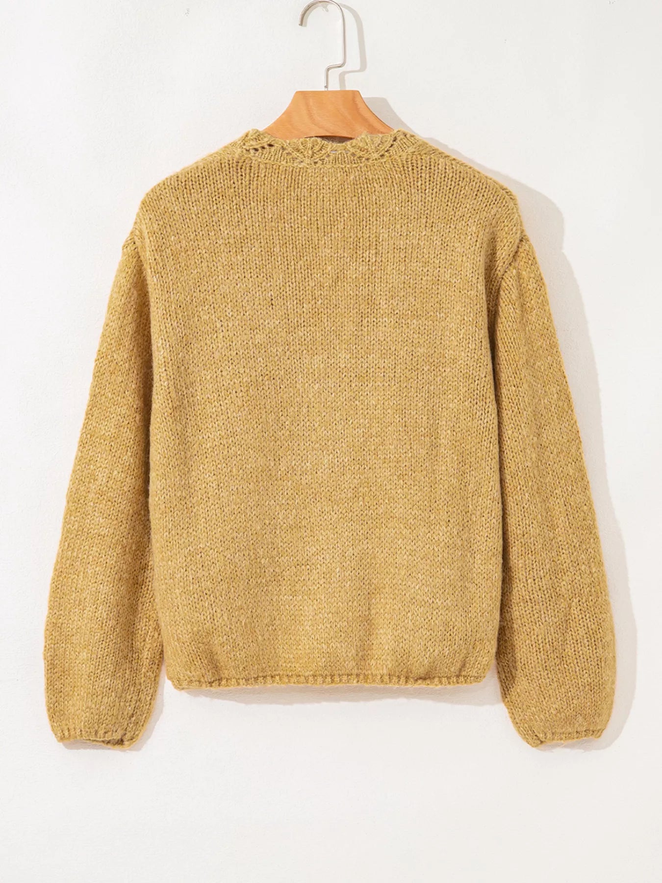 Women's Cardigan Camel Lantern Sleeve Scallop V Neck Buttoned Soft Acrylic Knit fa8c62676117419690362975bb1928f1-Max-Origin Trendsi