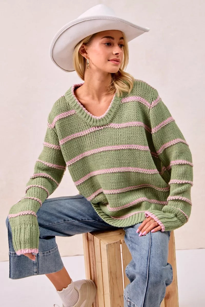 BiBi Womens Sweater Striped Sage Green Long Sleeve Oversized Pullover fa91b7010dea40f58232408a9fe27d89-Max-Origin Trendsi