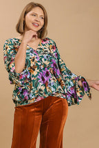 Umgee Blouse Green Floral Mix Print V-Neck Tie Long Sleeve Top Plus Sizes fa946ead-f36e-41af-bec3-6fd9a6cd8880-Min Trendsi