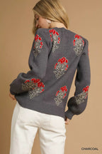 Umgee Womens Sweater Jacquard Gray Single Flower Stem Knit Pullover fa985425-3e60-41c4-9e76-968afc81d3de-Max-Origin Trendsi