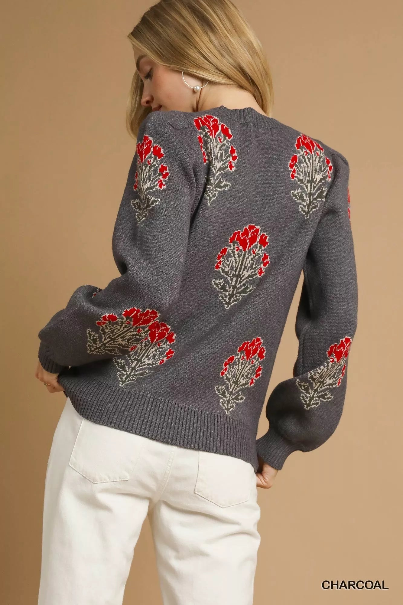 Umgee Womens Sweater Jacquard Gray Single Flower Stem Knit Pullover fa985425-3e60-41c4-9e76-968afc81d3de-Max-Origin Trendsi