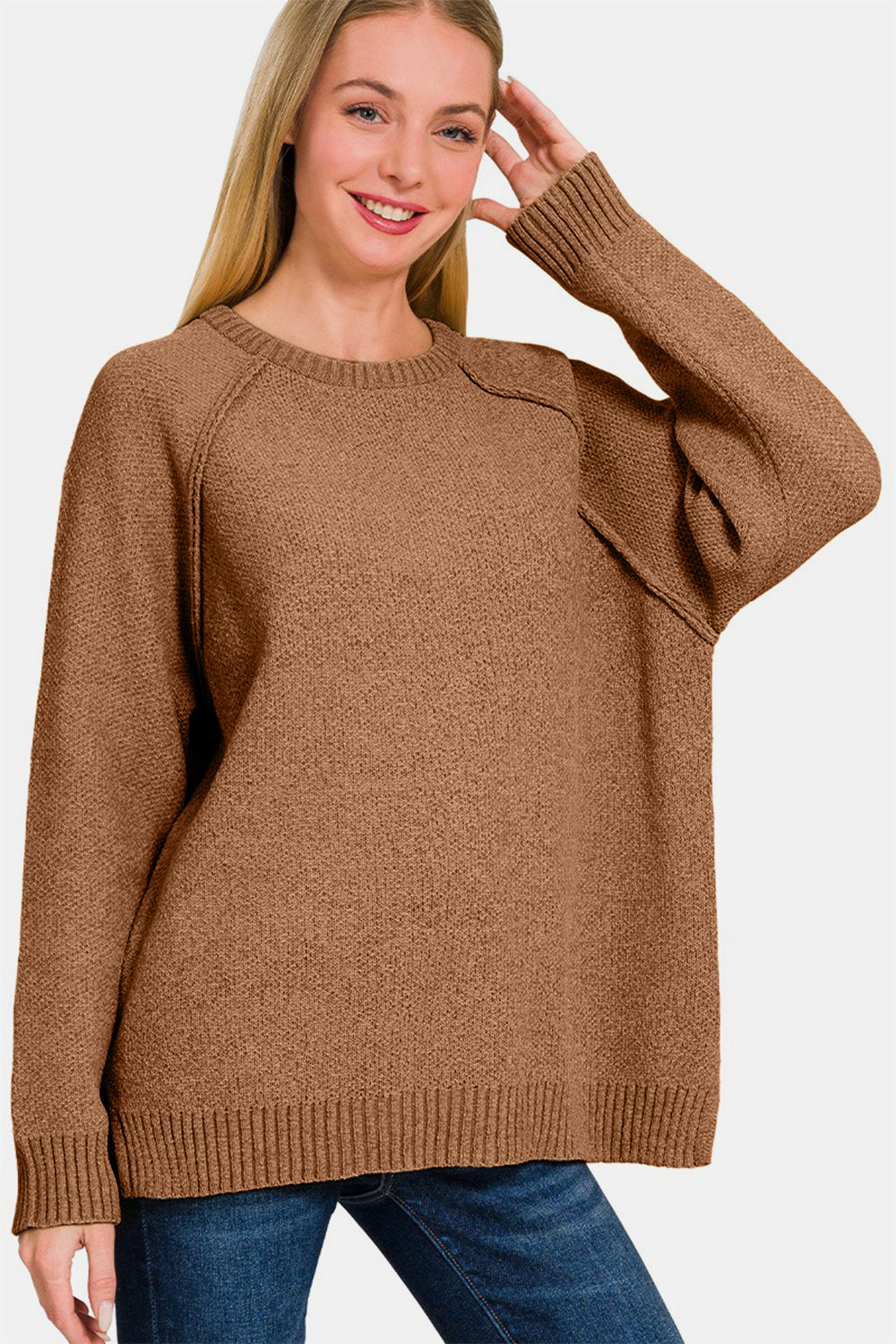 Zenana Knit Women Sweater Side Slit Raglan Sleeve Deep Camel Basic Knitwear