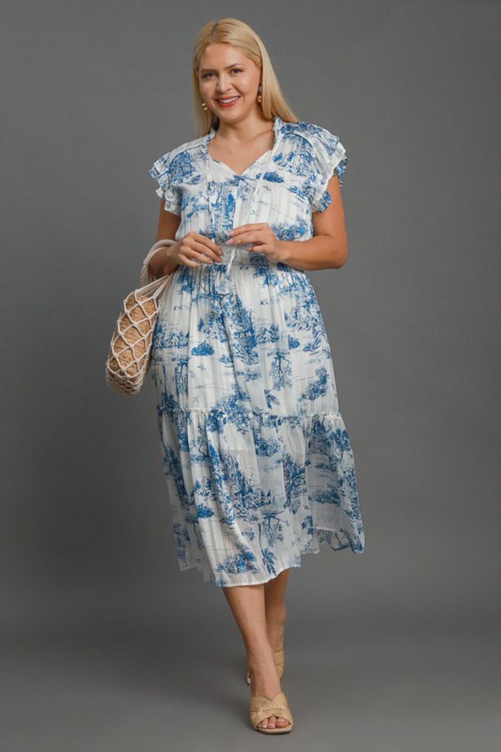 Umgee Midi Dress Sky Blue Landscape Print Ruffle Short Sleeve S-2XL faa10c46-46d0-4f4f-bec9-1b64235805b0-Max Trendsi