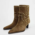 Women's Boots Pu Leather Suede Rivet Stud Point Toe Kitten Mid Heels Shoes Brown faa59868d77b43e79a1efce2f7086b78-Max-Origin Trendsi