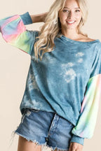 BiBi Tie Dye Womens Blouse Blue Mix French Terry Top With Contrast Tie Dye faa6e193fcff4f619e98e6eaac3356da-Max-Origin Trendsi