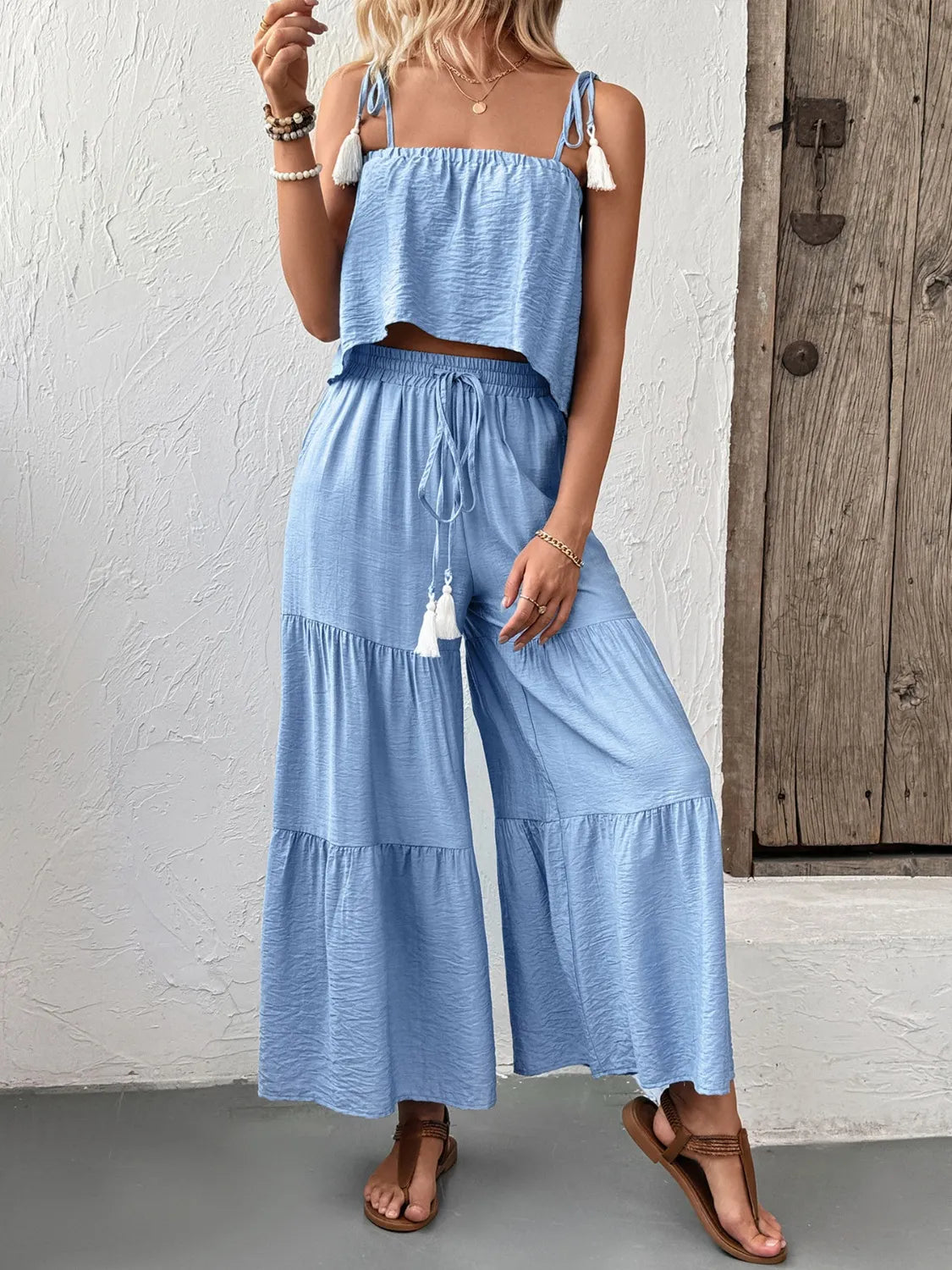 Women's Outfit Set Ruffle Cami Crop Top and Wide Leg Pants Light Blue faa99996-b2c0-47ee-b9ec-0452b1ee0724-Max-Origin Trendsi