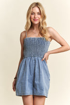 ADORA USA Denim Short Romper Smocked Spaghetti Strap Blue Pocketed faae3d81-6e21-475a-bc8e-65f4c525acdd-Max Trendsi