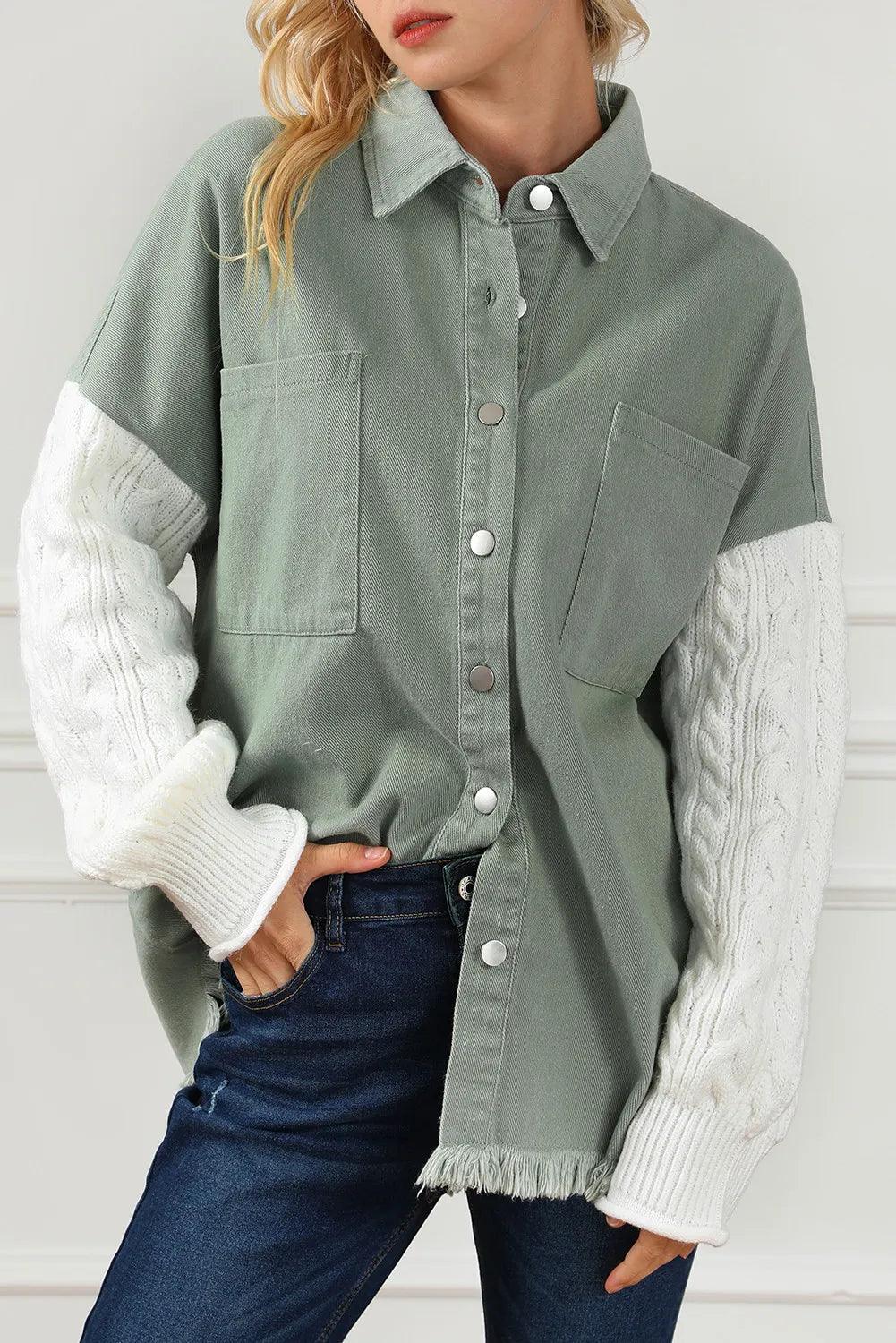 Raw Hem Jacket Cotton Collared Neck Button Up Long Knit Sleeve Outwear Sage fab3f55f-127a-4234-9df4-4c62adc07974-Max Trendsi