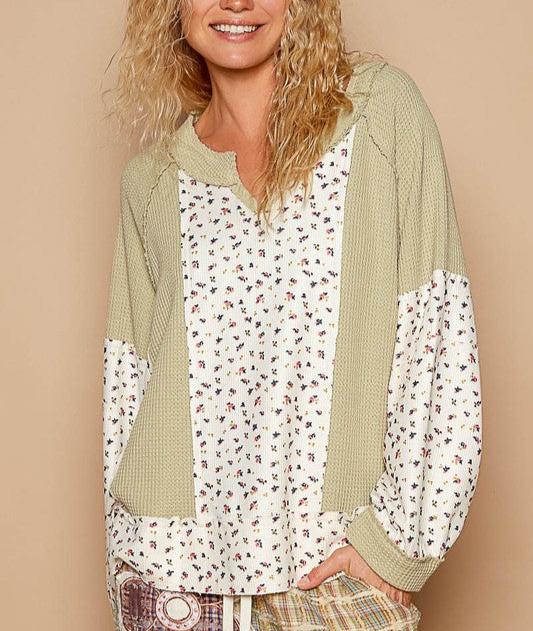 POL Waffle Knit Women Top Floral Sage Cotton Blend Long Sleeve Oversized