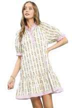 Umgee Striped Trim Floral Tiered Mini Dress