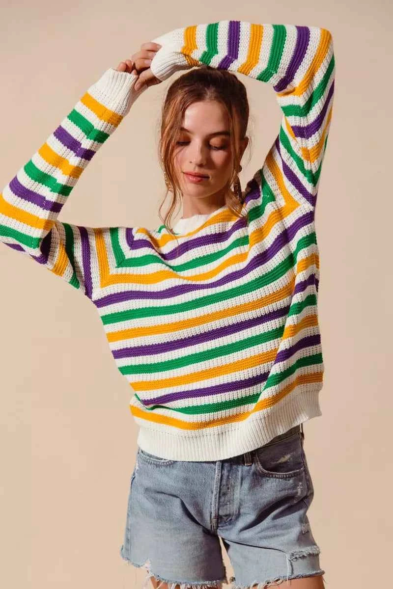 SO ME Women Sweater Ivory Mardi Gras Color Stripe Knit Top face6ff30b854e6b8ab988c34ffe90fb-Max-Origin Trendsi