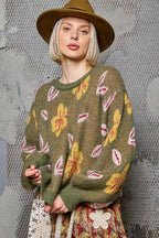 POL Womens Sweater Olive Floral Pattern Round Neck Balloon Sleeve facf0ce1-1013-4293-8500-7a0285a577fb-Max-Origin Trendsi