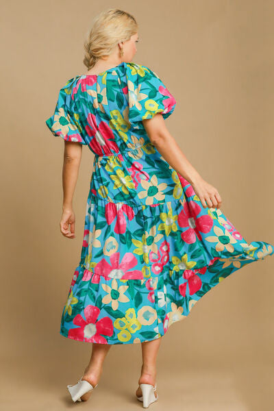 Umgee Midi Dress Plus Size Tiered Floral Print with Puff Short Sleeves fad27f83-5947-4306-99bd-562853998c87-Min Trendsi